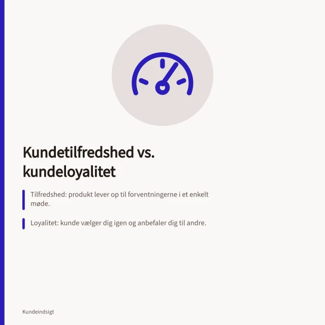Kundetilfredshed vs. kundeloyalitet: Tilfredshed: produkt lever op til forventningerne i et enkelt møde.; Loyalitet: kunde vælger dig igen og anbefaler dig til andre.; NPS-måling (0-10) skiller promotorer (9-10) fra kritikere (0-6). Hvad er forskellen på kundetilfredshed og kundeloyalitet?