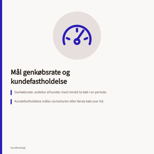 Mål genkøbsrate og kundefastholdelse: Genkøbsrate: andelen af kunder med mindst to køb i en periode.; Kundefastholdelse måles via kohorter efter første køb over tid.; DI's 2022-undersøgelse viser, at 83 % af danske virksomheder køber online via B2B-kanaler. Sådan måler du genkøbsrate og kundefastholdelse